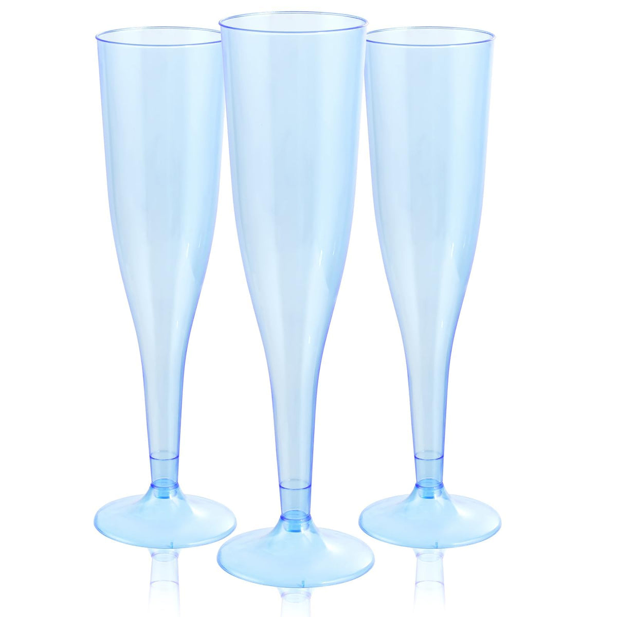 WDF blue 7oz plastic champagne flutes set for parties and events.