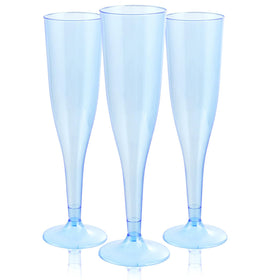 WDF blue 7oz plastic champagne flutes set for parties and events.