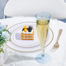 WDF blue plastic champagne flutes stacked for easy storage.
