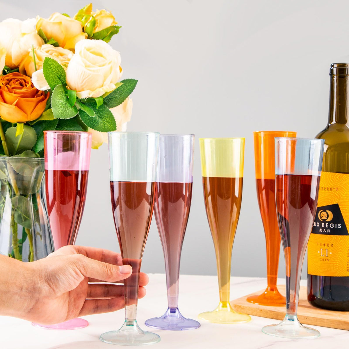 WDF purple champagne flute highlights vivid color and convenient disposal after events.