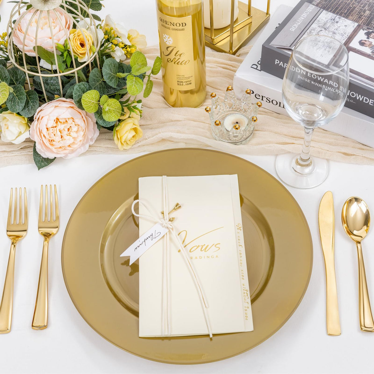WDF disposable gold charger plates protect linens while serving meals