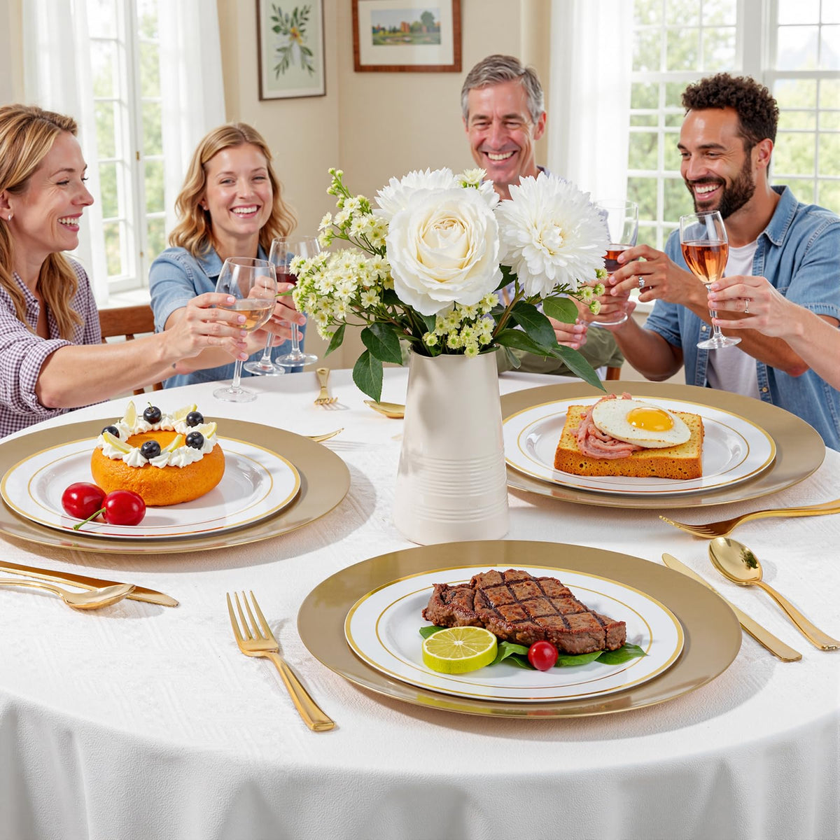 WDF gold disposable charger plates enhance table decor at weddings and celebrations
