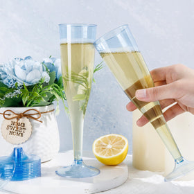WDF packaging image of 36-pack blue champagne flutes for events.