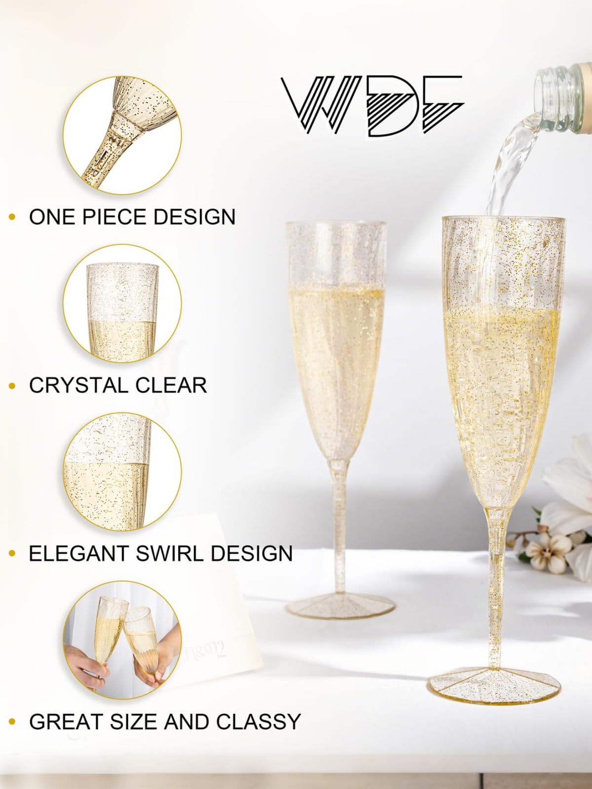 WDF disposable shatterproof champagne flutes ideal for quick cleanup after celebrations