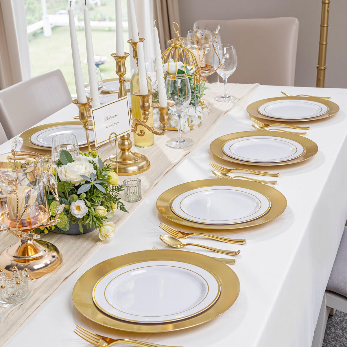 WDF gold charger plates help prevent spills and keep surfaces clean