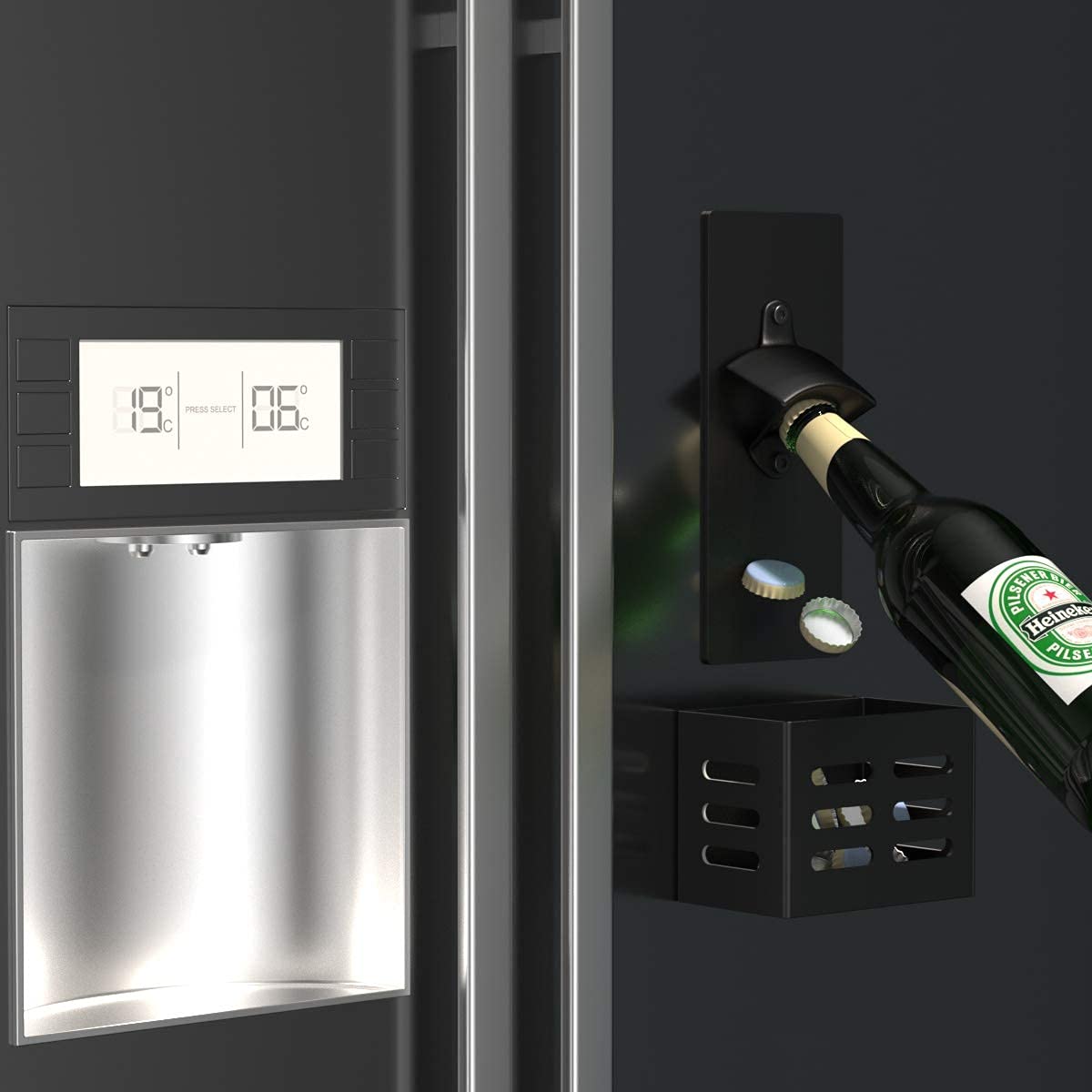 Dual-material design combines stainless opener with carbon steel catcher for durability.