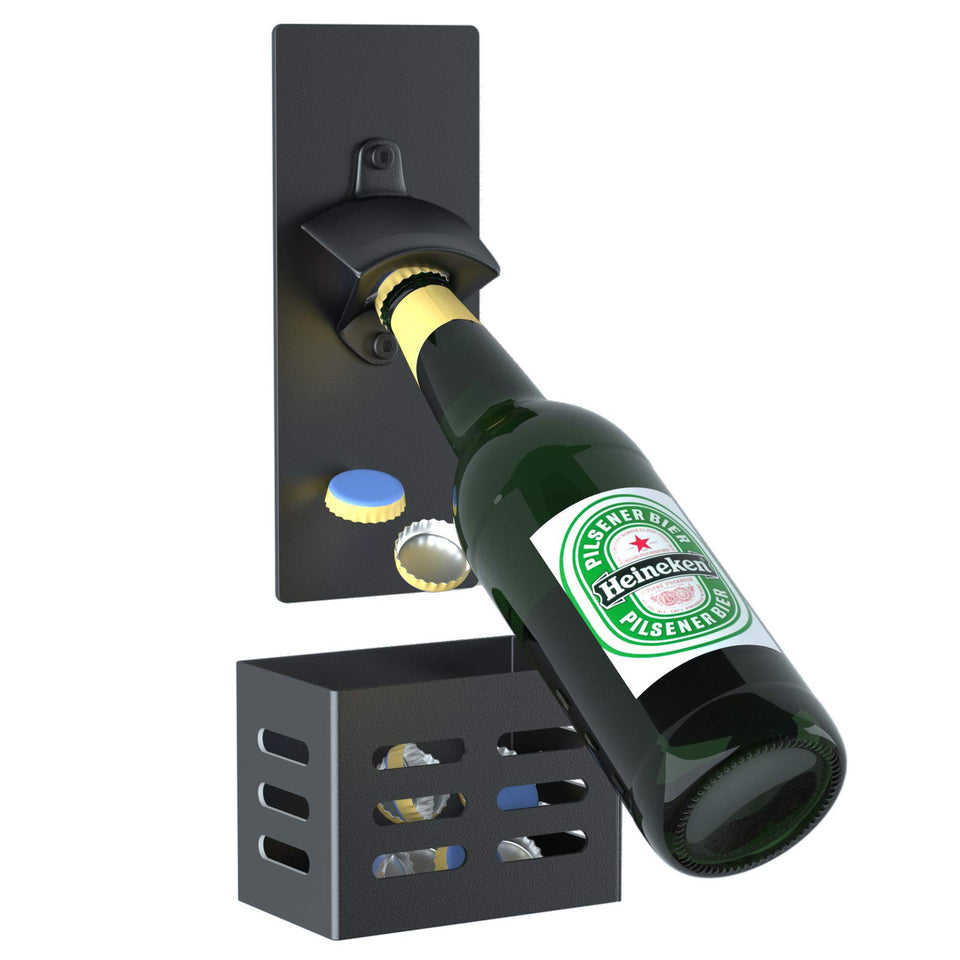 Weallbuy magnetic bottle opener with cap catcher on wall for easy one-handed use.