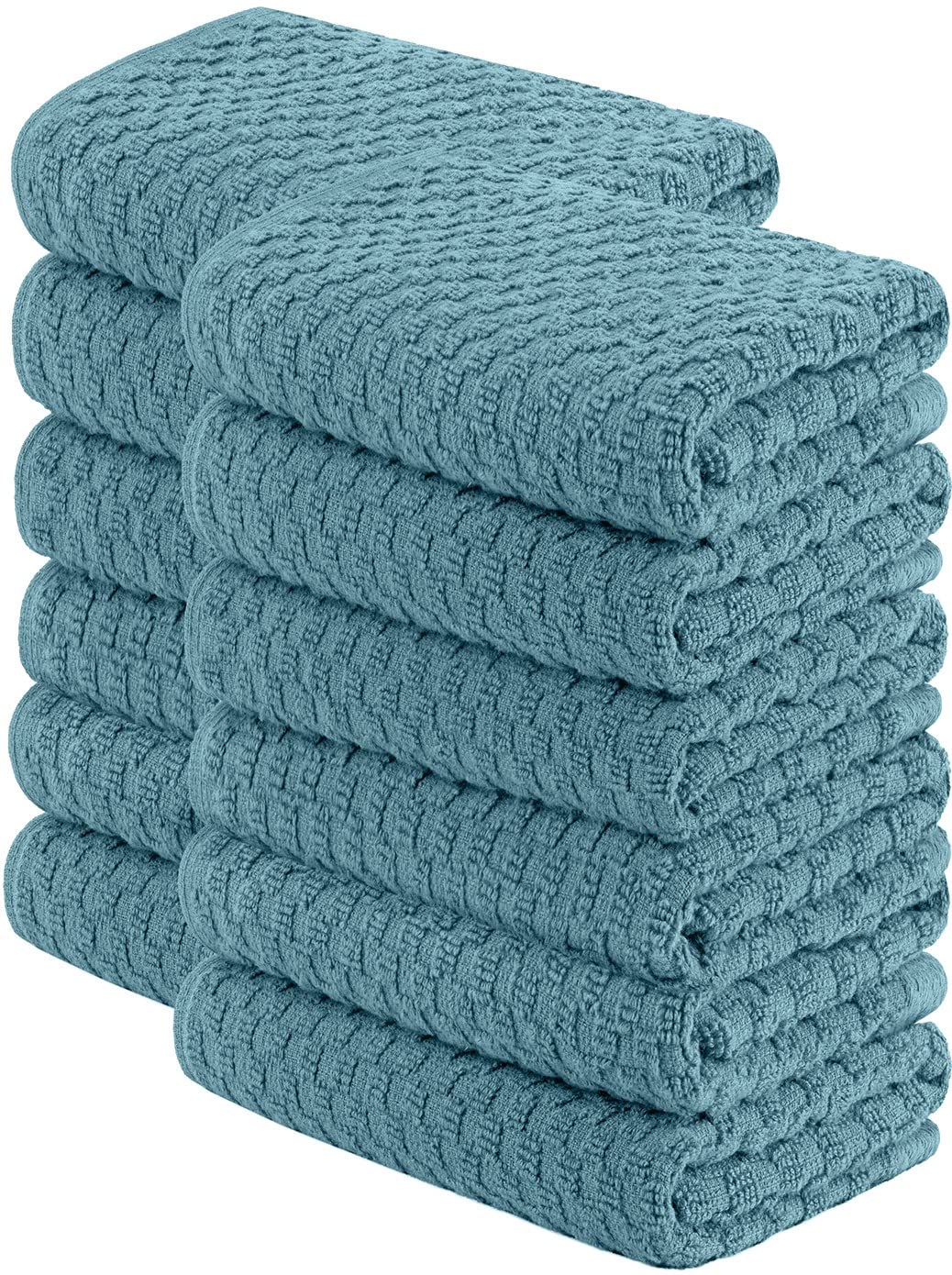 Wealuxe super absorbent kitchen towels 12-pack folded for quick cleanups and easy storage.