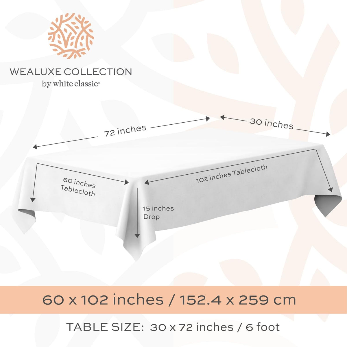 WEALUXE white tablecloth with a 60x102 inch drop for standard tables