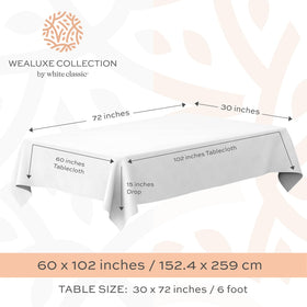 WEALUXE white tablecloth with a 60x102 inch drop for standard tables