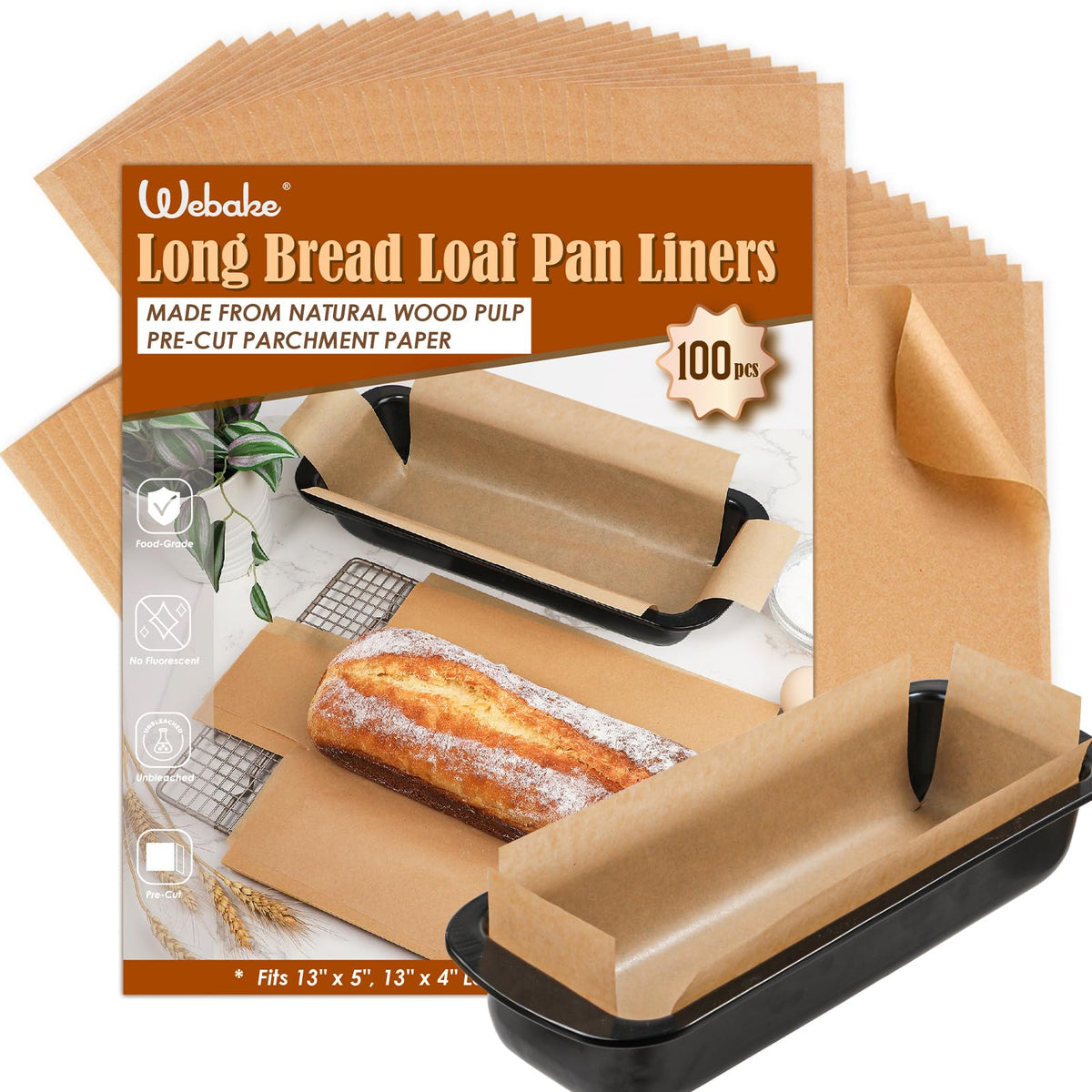Webake unbleached parchment paper liner 13x5 for easy release.