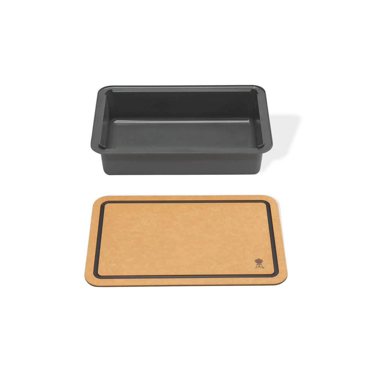 Weber Works cutting board and basin beside compatible Weber side table for grill prep.