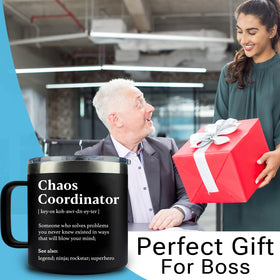 Insulated stainless steel build of WECACYD Chaos Coordinator mug maintains temperature.