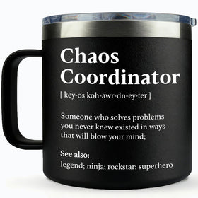 WECACYD Chaos Coordinator mug in black, 14oz, ideal desk companion for busy professionals.