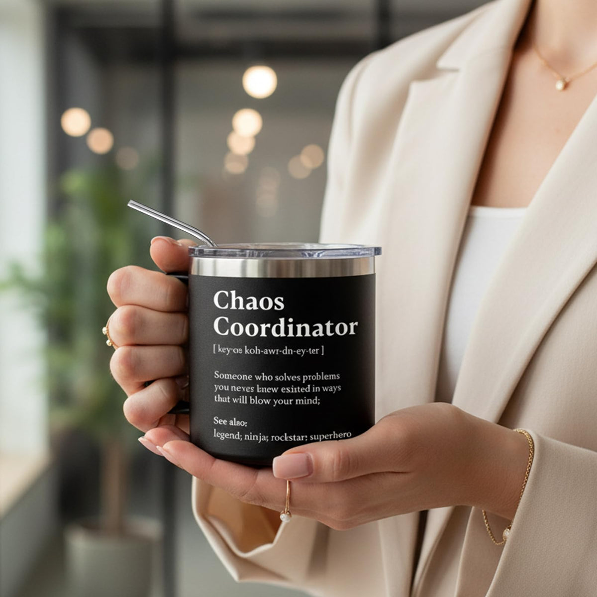 Close-up of spill-proof lid on WECACYD Chaos Coordinator tumbler for on-the-go use.