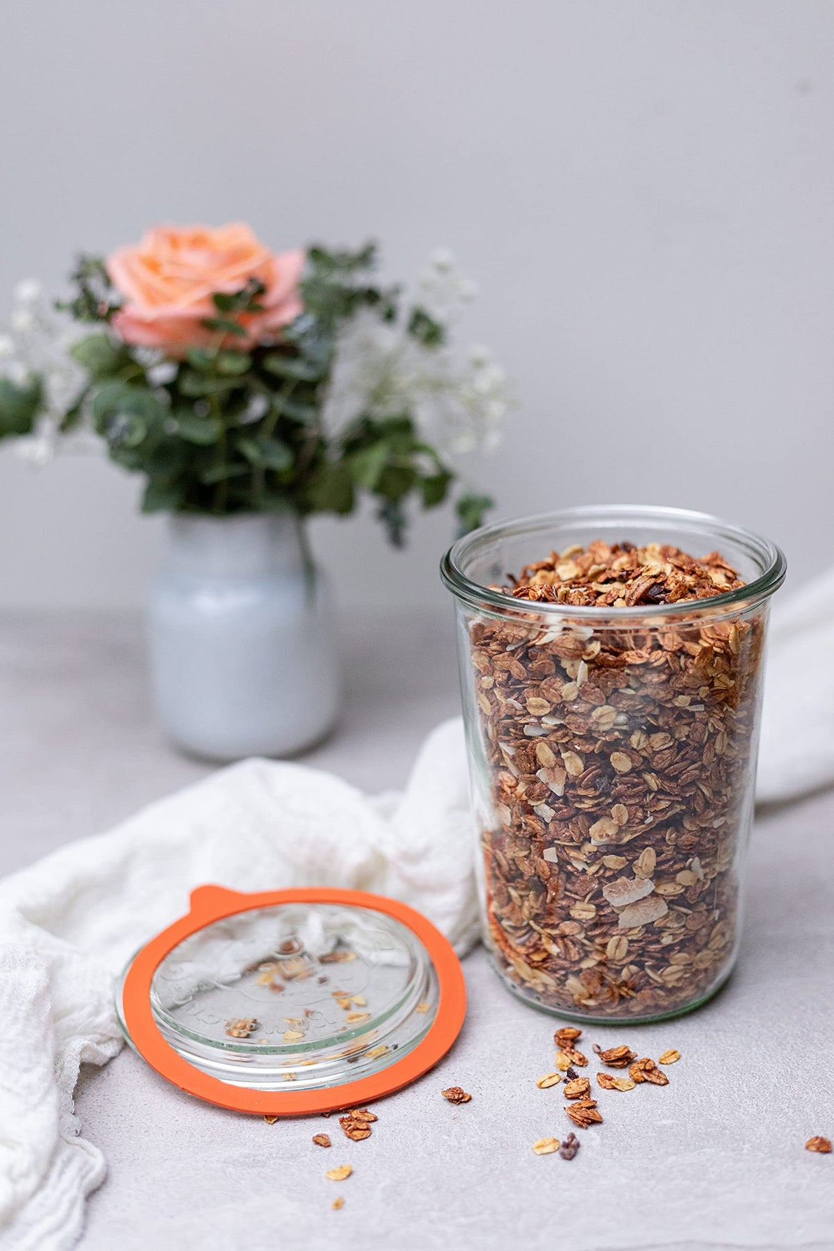 WECK 743 jar shown with glass lid, gasket, and clips for secure, reusable storage