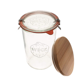 Weck 743 wide-mouth jar for easy filling and cleaning, ideal on countertops.