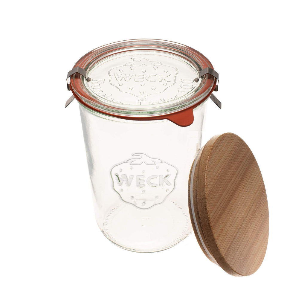 Weck 743 wide-mouth jar for easy filling and cleaning, ideal on countertops.