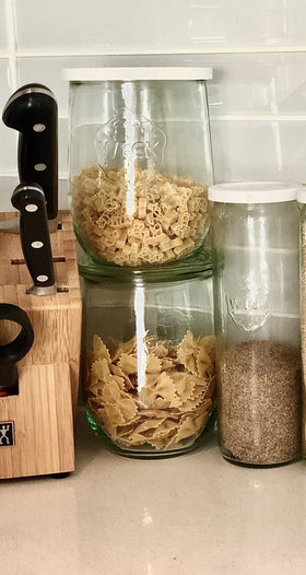 WECK 745 Tulip jar in pantry setup for organized, odor-free storage