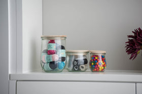 Weck 745 tulip jar stacked on shelf for efficient storage