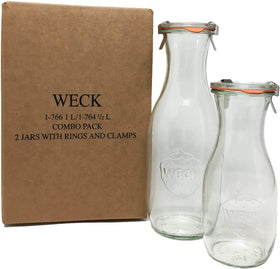 WECK glass lids, rubber rings, and steel clamps for airtight sealing and freshness