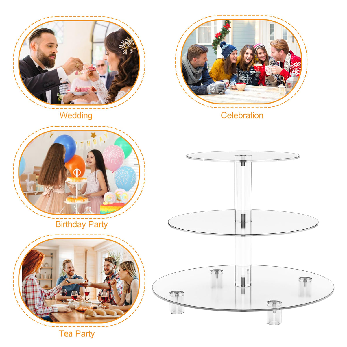 WeddingWish wedding party decor shines with a transparent dessert stand
