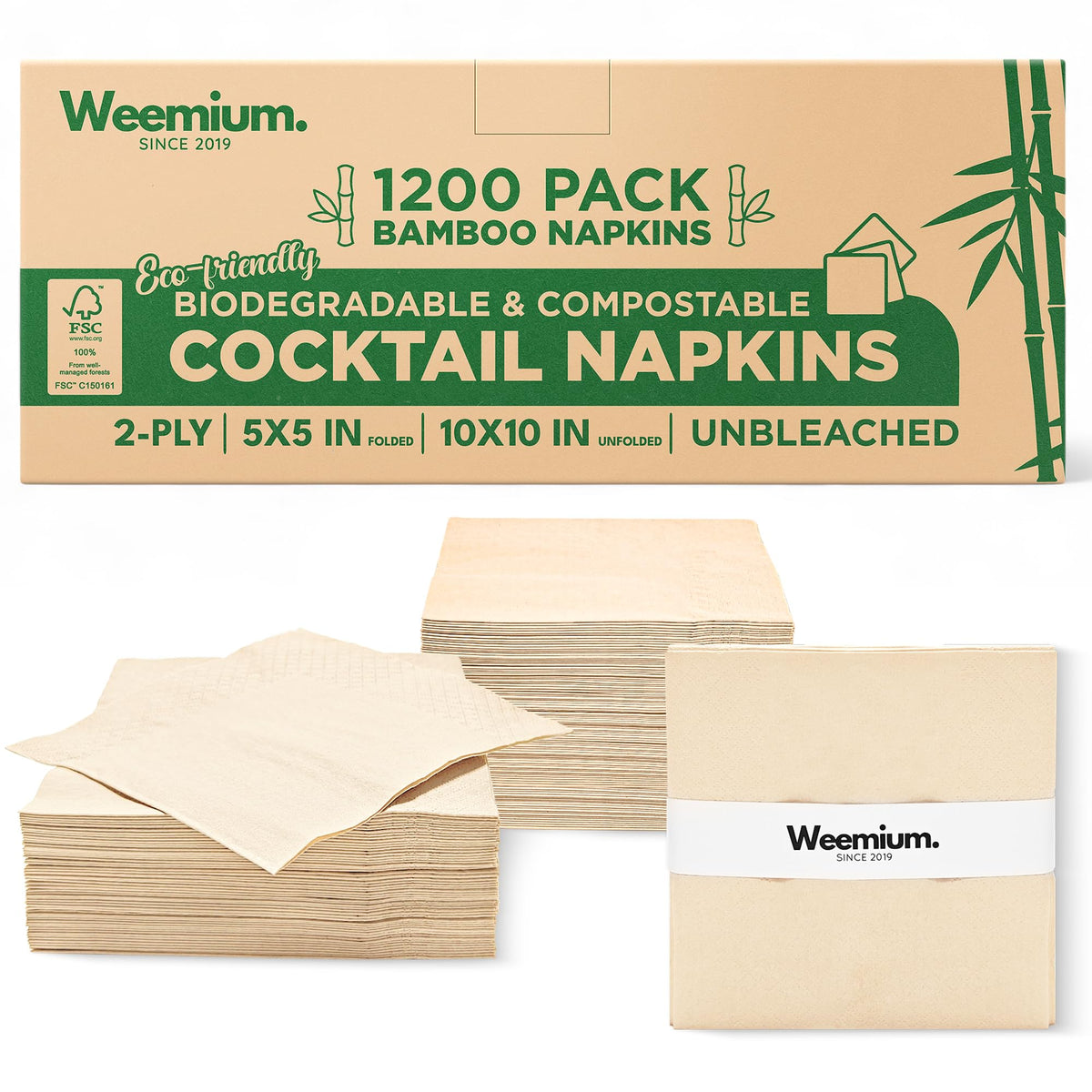 Weemium bamboo cocktail napkins folded 5x5 for quick party cleanup.