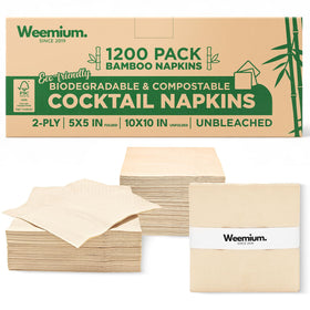 Weemium bamboo cocktail napkins folded 5x5 for quick party cleanup.