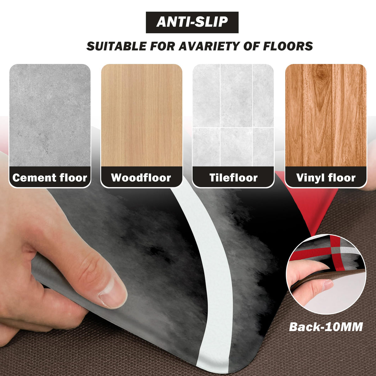 Weesire anti-fatigue kitchen mat in red circle design for kitchen tasks.