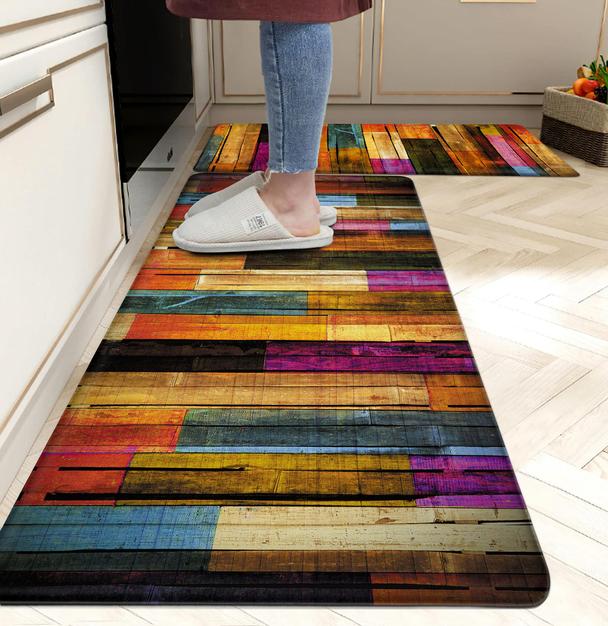 Weesire colorful wooden abstract kitchen mats brighten the space with cushioned comfort