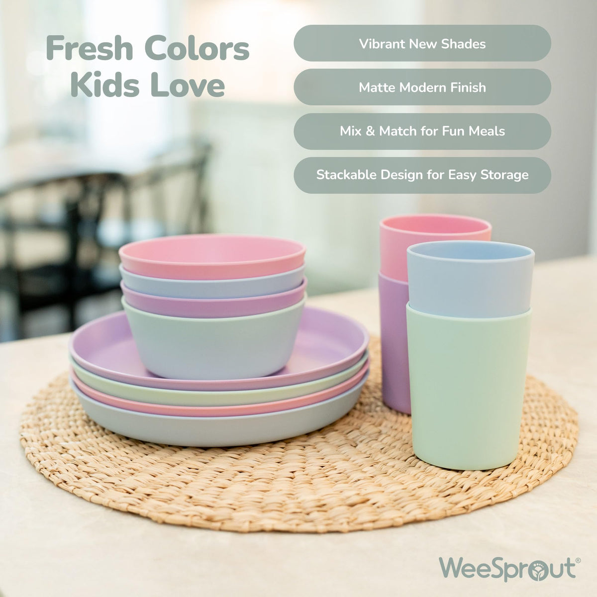 WeeSprout bamboo kid bowls beige on table promote neat cleanup