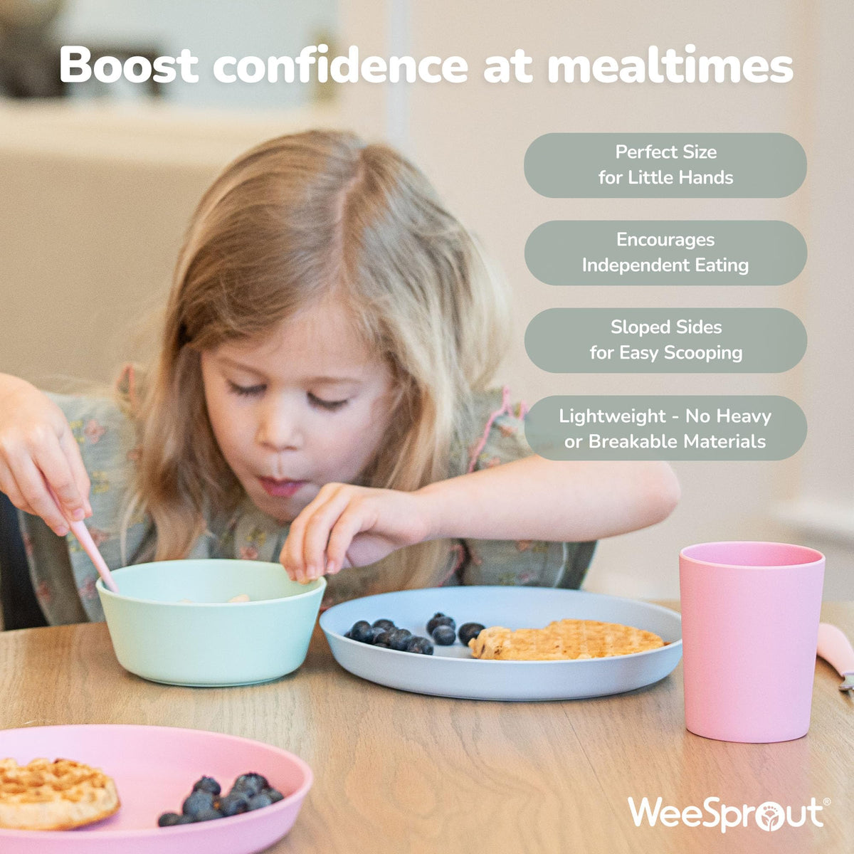 WeeSprout bamboo kid bowls gray on table support independent eating