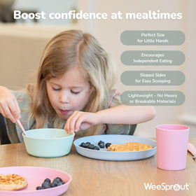 WeeSprout bamboo kid bowls gray on table support independent eating