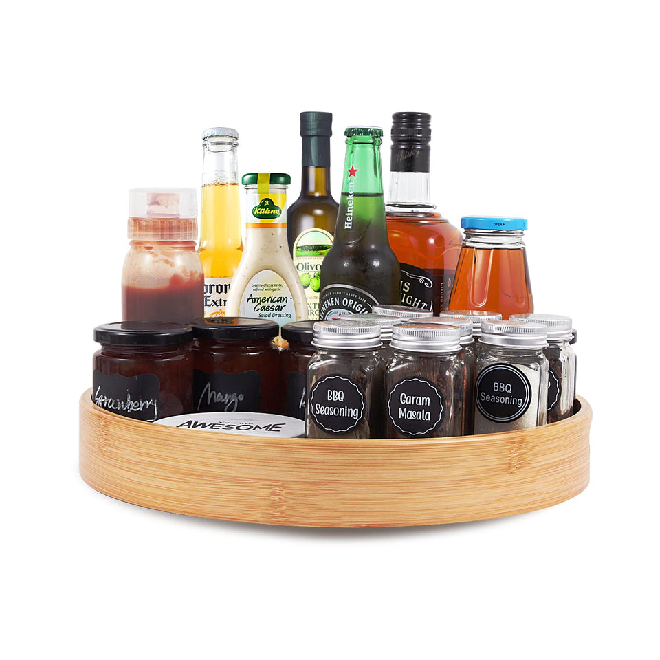 WEIFUTCH bamboo lazy susan base highlights natural grain and smooth rotation for countertop organization.