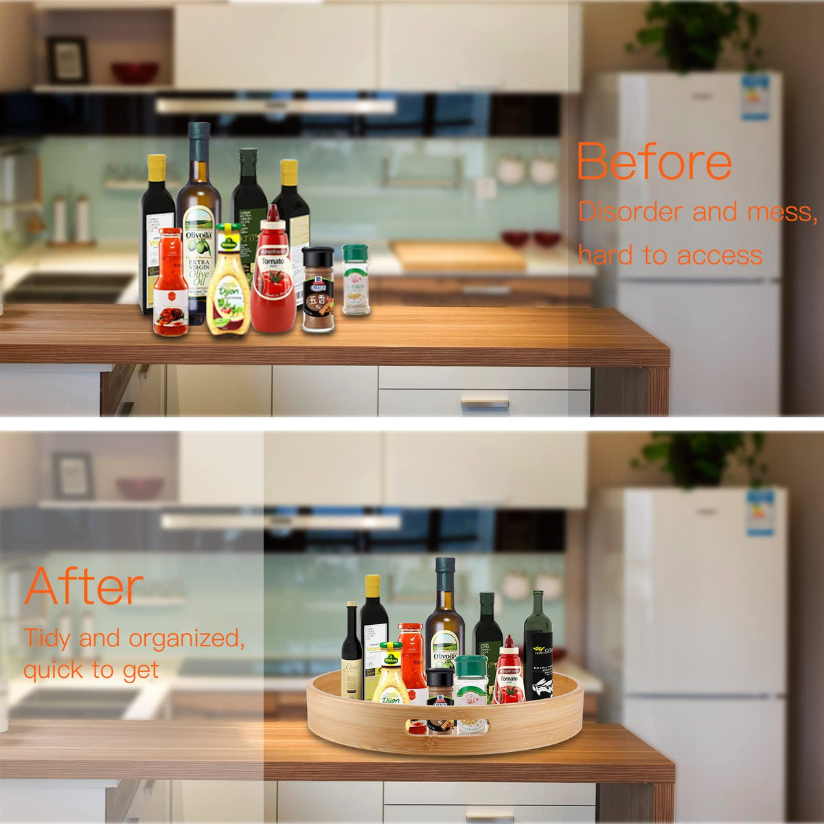 WEIFUTCH bamboo lazy susan storage setup for condiments and jars looks neat.
