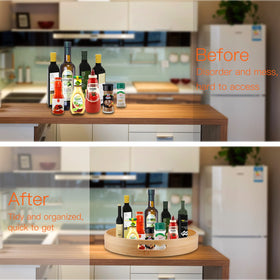 WEIFUTCH bamboo lazy susan storage setup for condiments and jars looks neat.