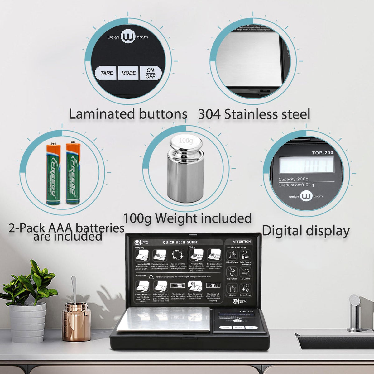 Weigh Gram stainless steel platform supports steady, scratch-resistant weighing