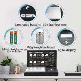 Weigh Gram stainless steel platform supports steady, scratch-resistant weighing