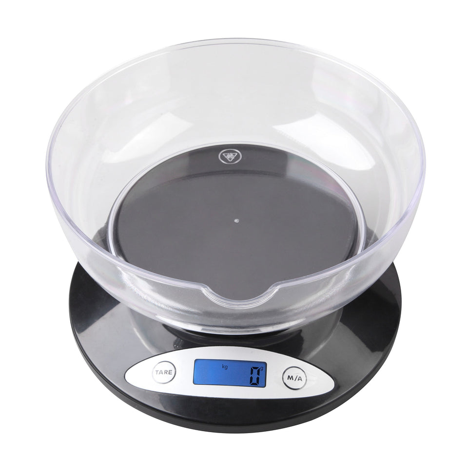 Weighmax 2810-2kg black kitchen scale with back-lit display for precise measurement.