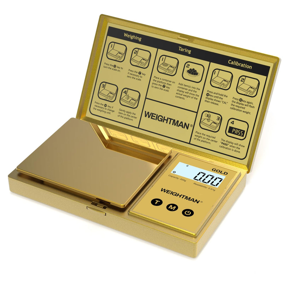 WEIGHTMAN digital scale with gold titanium pan for precise jewelry weighing.