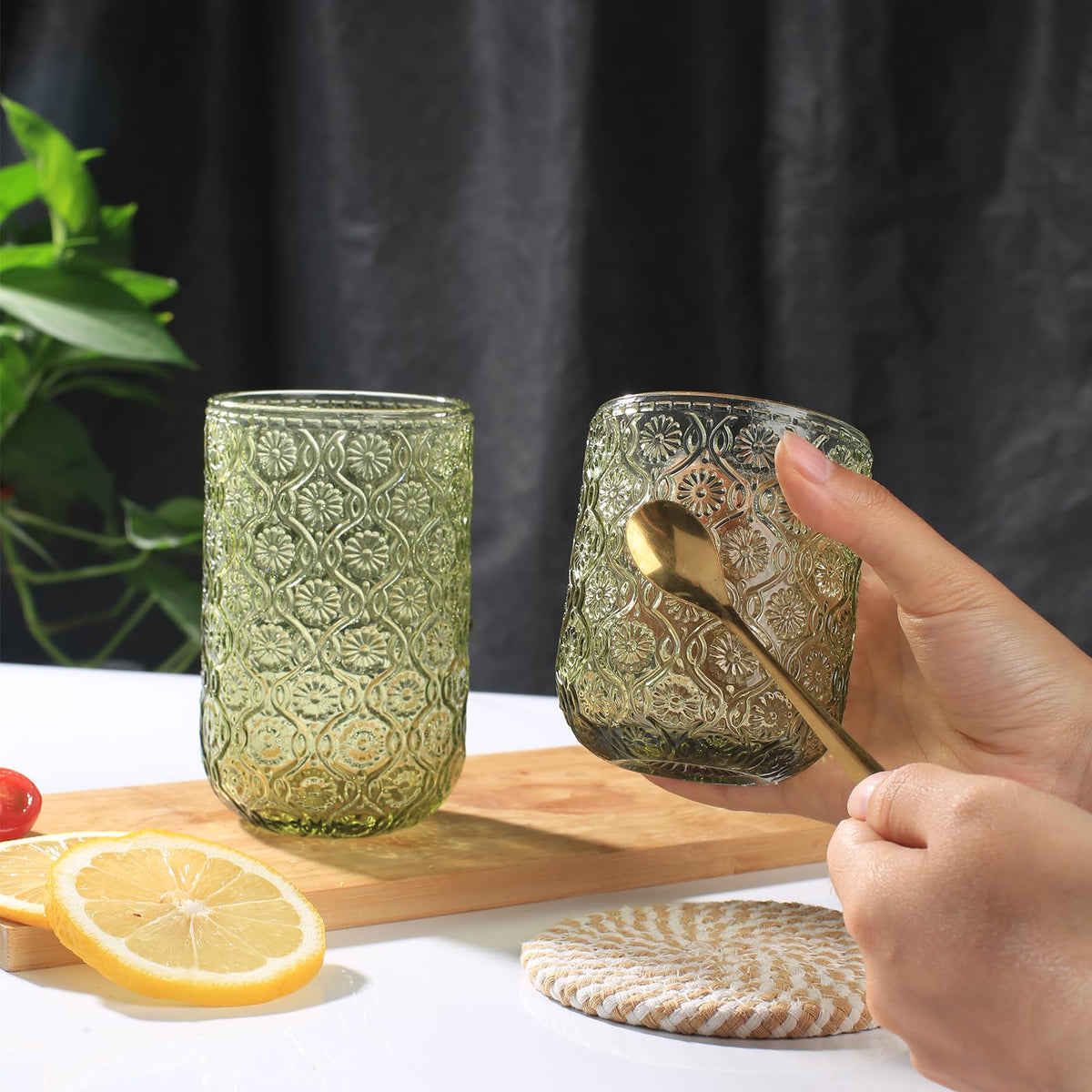 WeirdUncle green begonia glassware display—decorative piece for shelves.