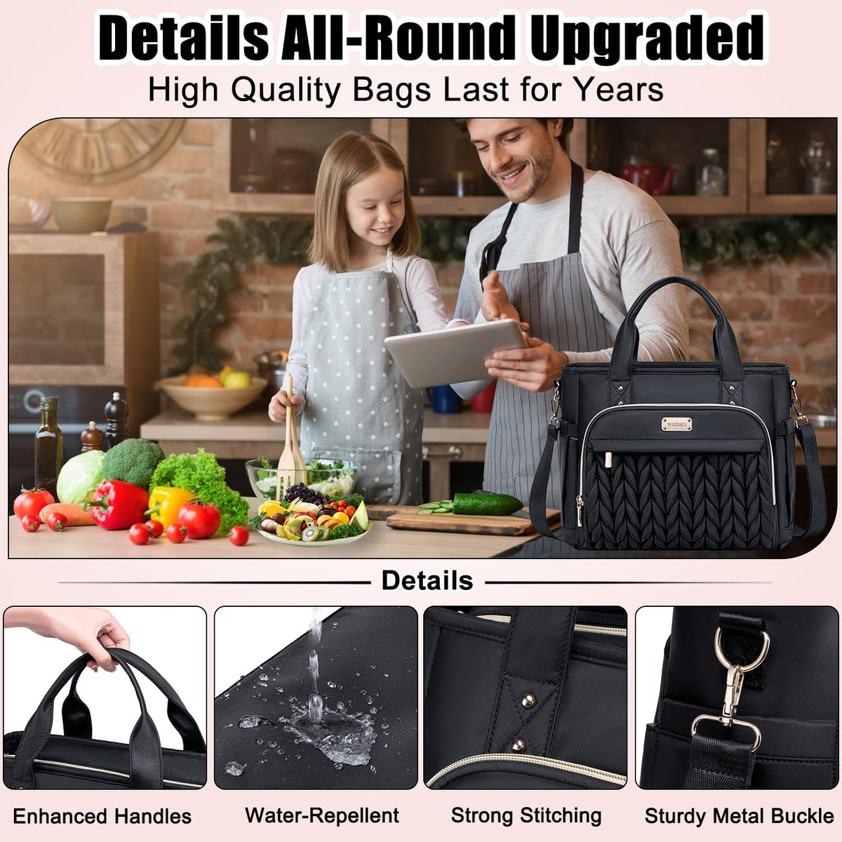Weitars insulated lunch bag leak-proof liner protects contents from spills.