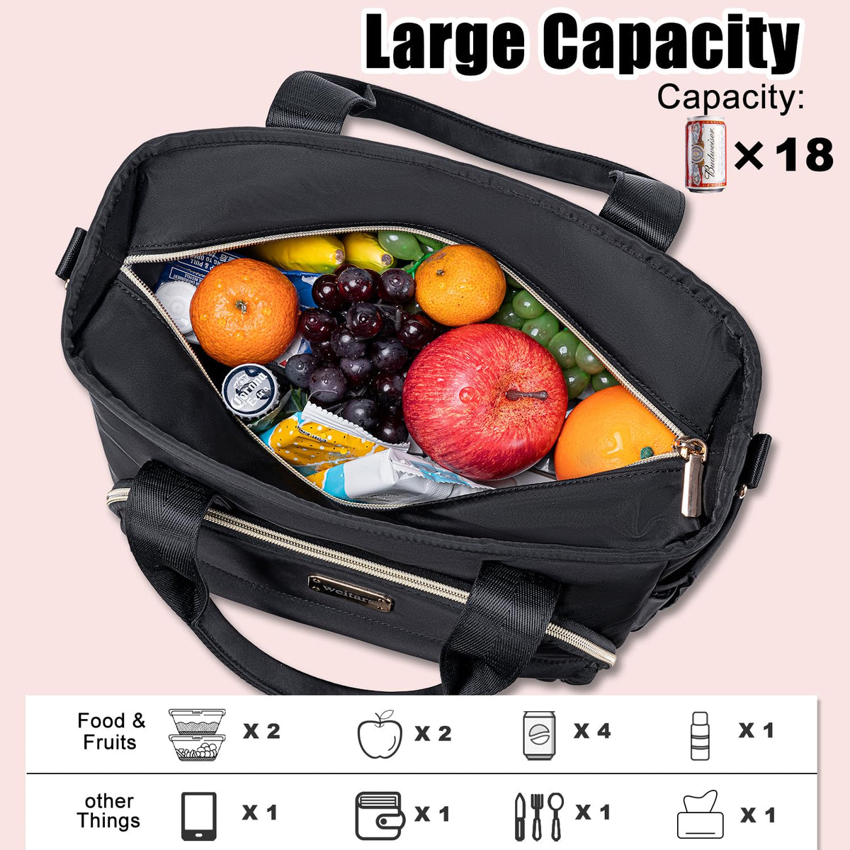 Weitars insulated lunch bag side pocket stores bottle and essentials for easy access.