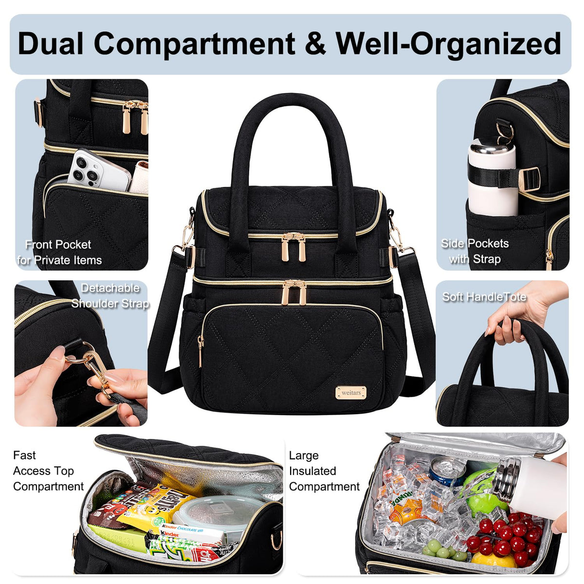 Weitars lunch bag bottom compartment keeps drinks cool and dry.
