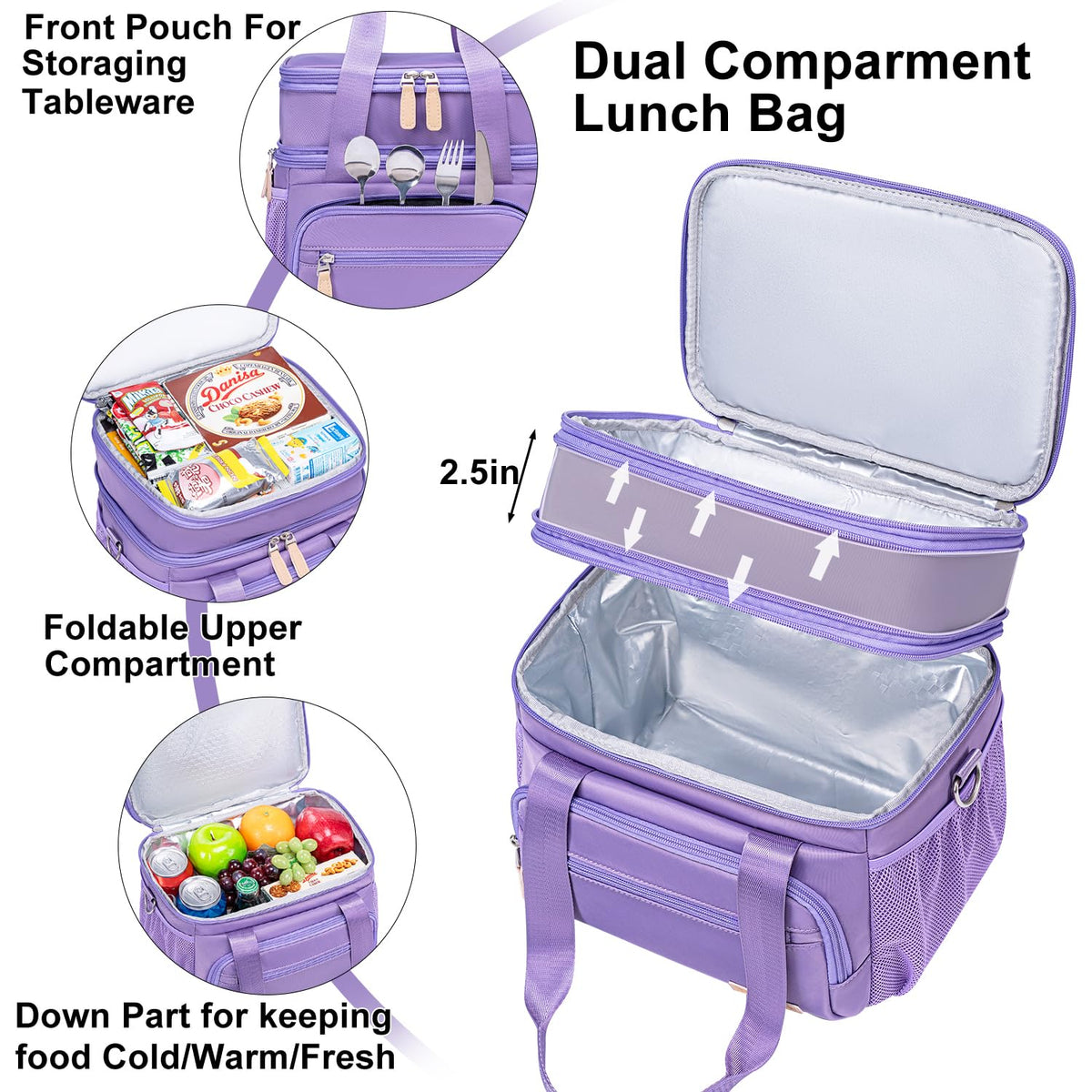 Weitars lunch bag with front pockets in purple for quick access and storage