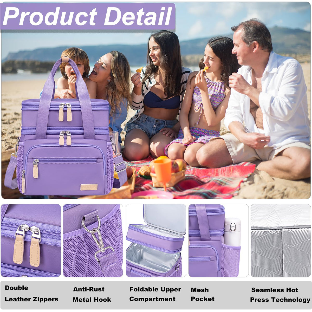 Weitars lunch tote with top handle and removable strap in purple for easy carrying