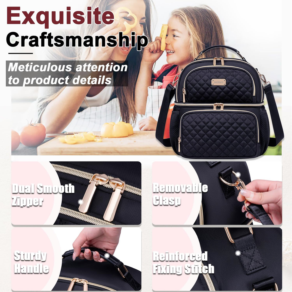Weitars lunch bag bottom insulated section keeps drinks at desired temperature.