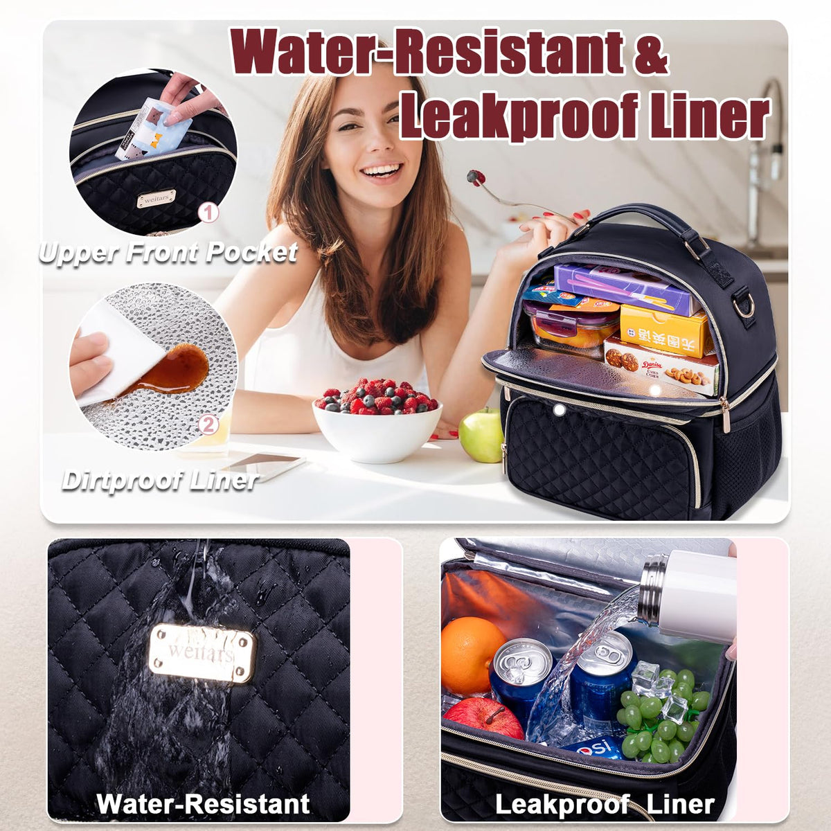 Weitars lunch bag detachable shoulder strap for comfortable hands-free carry.