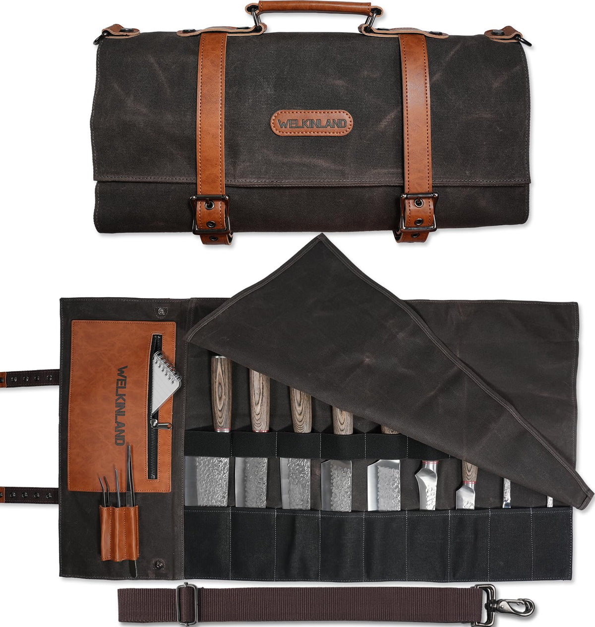 WELKINLAND 13-pocket knife-roll with organized compartments for quick access