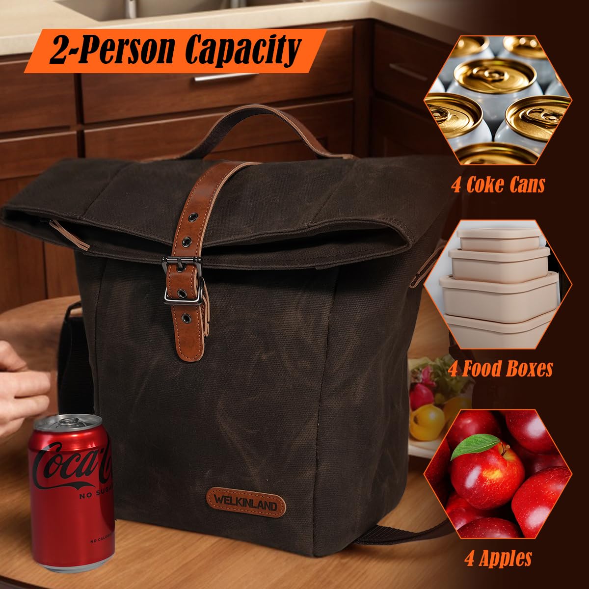 WELKINLAND expandable lunch tote shows 15-20L capacity for flexible packing.